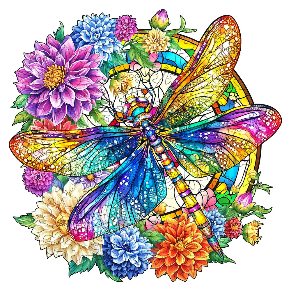 Colorful dragonfly and floral design with a stained glass effect on a white background