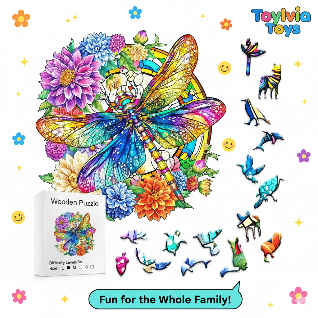 Colorful wooden puzzle with butterfly and flowers, featuring ToyLivia Toys branding. Main image