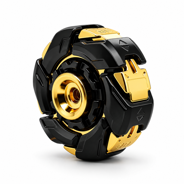 Rotating shell metal spinning top fidget in Black Gold, standing three-quarter view on white