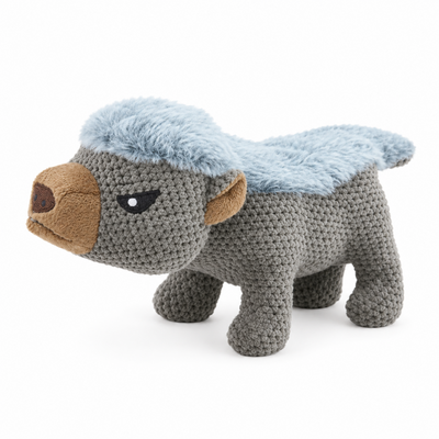 Standing flat-headed plush dog toy on a pure white background