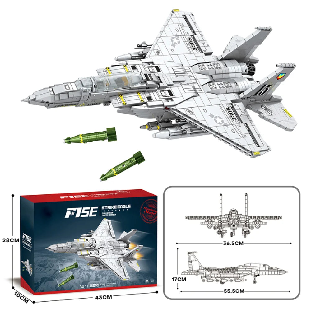 Complete F-15E Strike Eagle fighter jet building set with 2216 precision building blocks displayed in white and gray colors, featuring dual engines, advanced weapons systems, and professional military detail on tactical background
 Main image