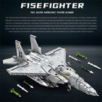 Close-up detail of F-15E Strike Eagle building blocks showing intricate cockpit design, detailed fuselage sections, dual engines, missile attachment points, weapons systems assembly, and precision building block construction
