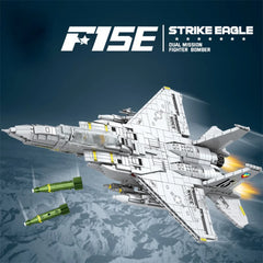 Fully assembled F-15E Strike Eagle military fighter jet model showing complete 2216-piece construction with sophisticated design details, sleek fuselage, dual engines, integrated weapons systems, and professional-grade building block assembly
