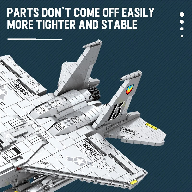 Completed F-15E Strike Eagle collectible military jet model displayed from top view showing full construction with detailed fuselage, delta-canard wing configuration, dual engines, weapons systems, and professional museum-quality display
