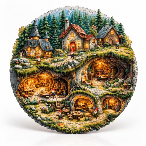 Fairy tale forest gnome village round wooden jigsaw puzzle