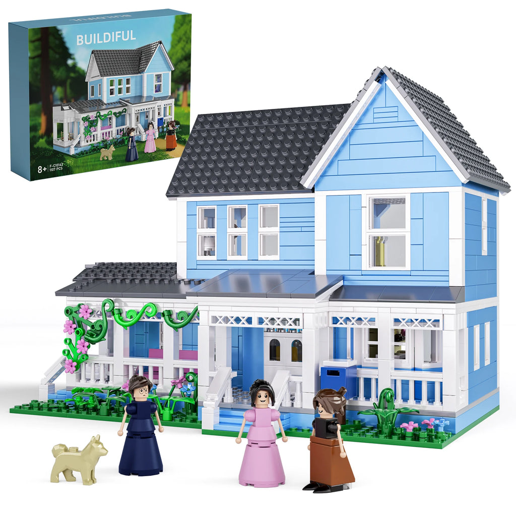 Toy house with characters and accessories, including a box labeled 'Buildiful'.