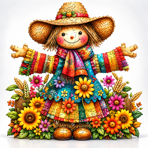 Fall Harvest Scarecrow Wooden Puzzle on white gradient background - Toylvia