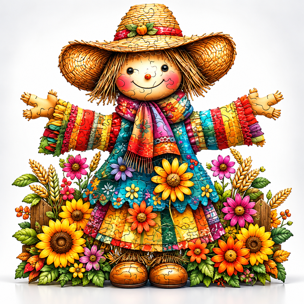 Fall Harvest Scarecrow Wooden Puzzle Irregular Art Decor