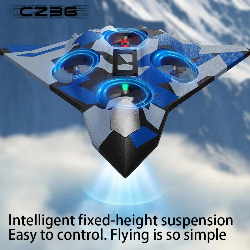 Blue and black drone with text on a white background