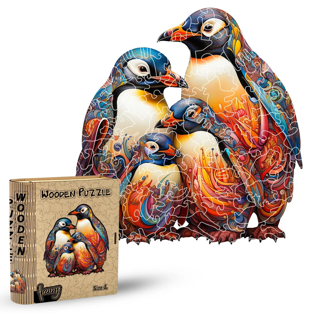 Colorful penguin-themed wooden puzzle with packaging on a white background
