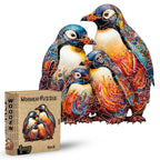 Colorful penguin-themed wooden puzzle with packaging on a white background