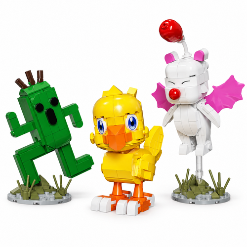 Three fantasy creature building-block figures: green cactus, yellow bird and white winged character with pink wings, on white background.