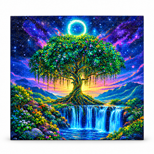 Fantasy Tree of Life waterfall completed wooden puzzle on white studio background
