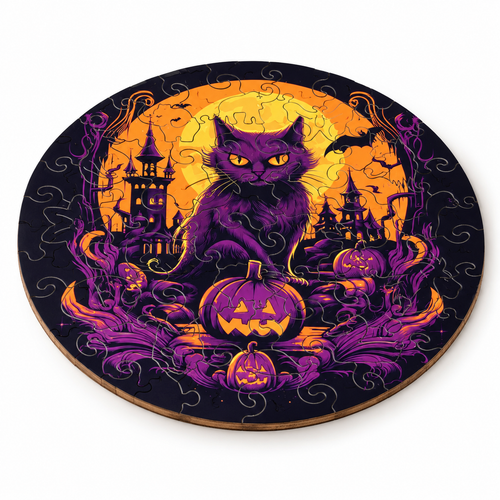 Halloween Cat Pumpkin assembled wooden puzzle clean three-quarter studio photograph