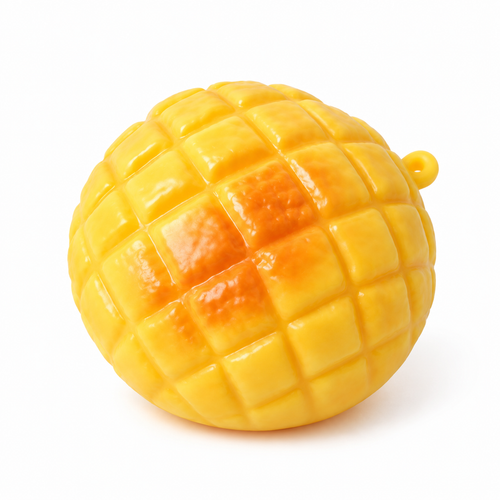 Yellow pineapple bun squishy toy on white, three-quarter view
