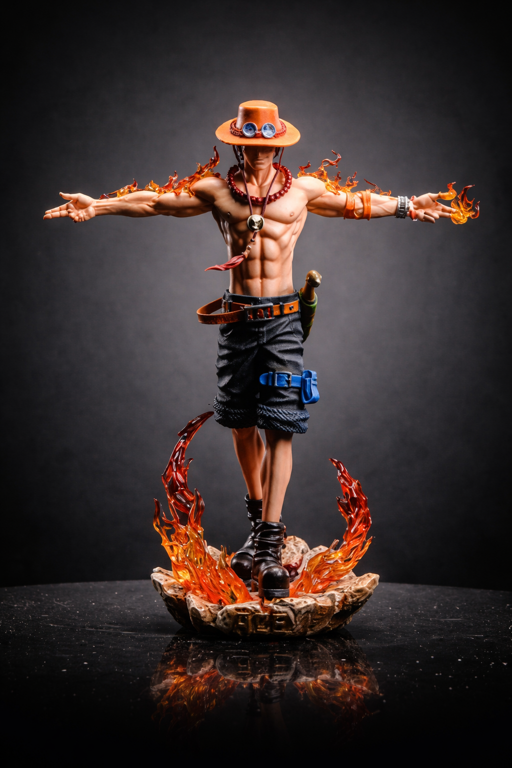 Fire Fist Ace action figure from One Piece with detailed flame effects, arms outstretched pose, muscular sculpt, and dramatic studio lighting on dark background Main image