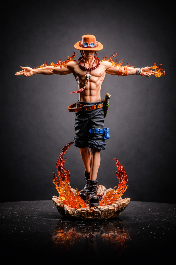 Fire Fist Ace action figure from One Piece with detailed flame effects, arms outstretched pose, muscular sculpt, and dramatic studio lighting on dark background