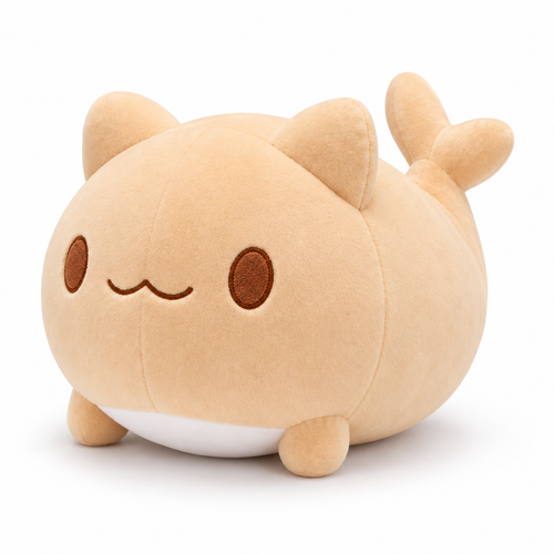 Beige cartoon fishtail cat plush, left-facing three-quarter studio view on white