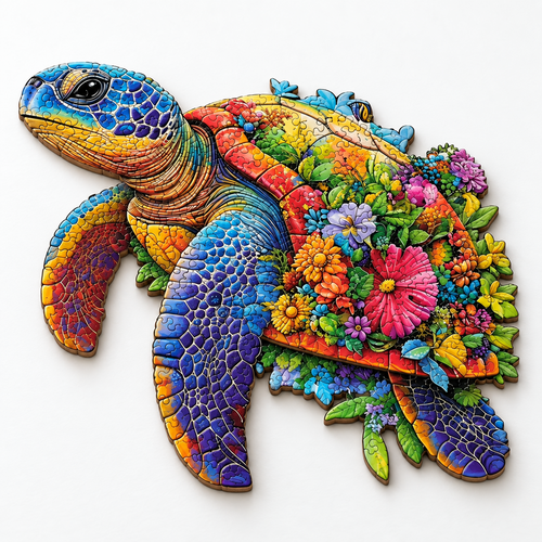 Completed colorful flower sea turtle wooden jigsaw puzzle with a white studio surface and soft shadow