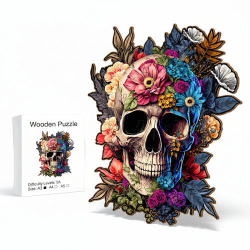 Floral Skull Wooden Jigsaw Puzzle – Unique Animal Shaped Pieces Art Puzzle