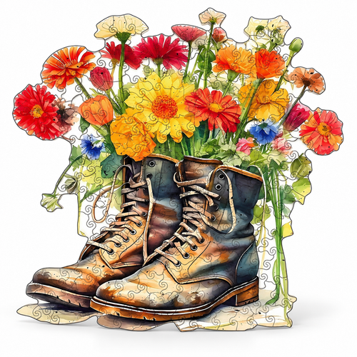 Fashion in Bloom Flowers and Shoes Wooden Jigsaw Puzzle