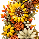Close-up of the golden moon brick flowers: yellow sunflowers, orange roses and cream daisies