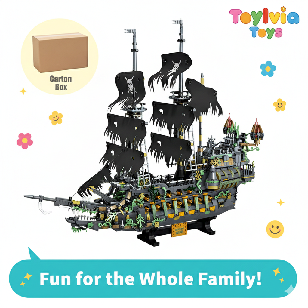 Pirate ship toy set with 'Toyivia Toys' branding and a carton box icon.