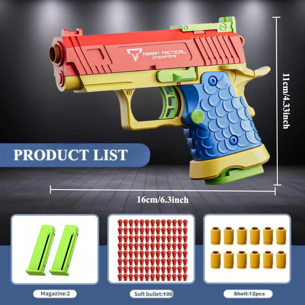 Colorful toy gun with dimensions and accessories on a dark background