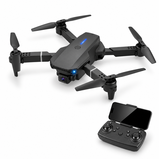 Dark gray folding FPV quadcopter with its matching phone-mounted remote at bottom right.