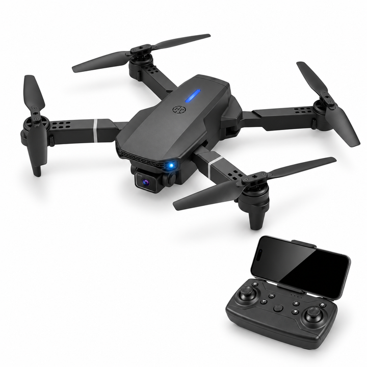 Dark gray folding FPV quadcopter with its matching phone-mounted remote at bottom right.