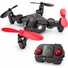 Foldable black and red mini nano quadcopter with matching controller at the bottom-right.