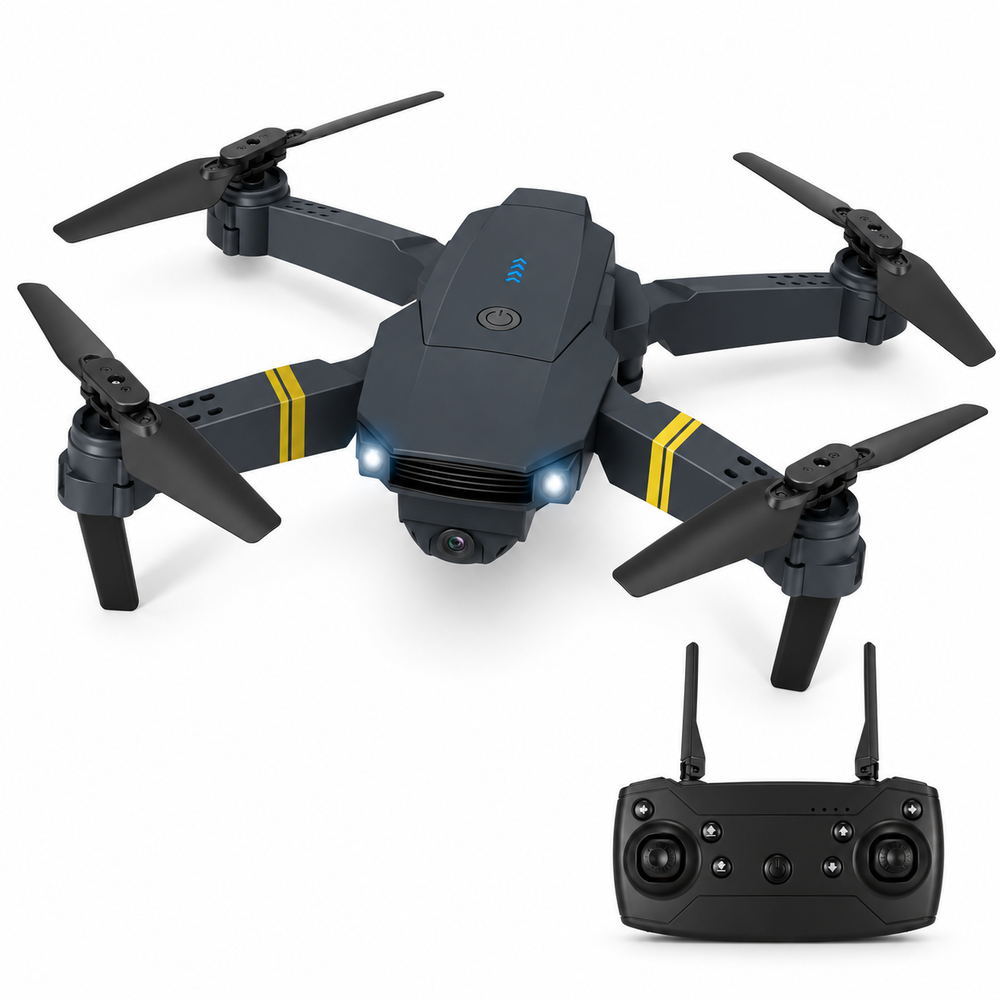 Foldable RC quadcopter drone with twin-antenna controller on a white background