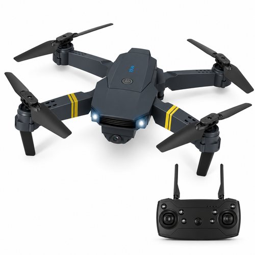 Foldable RC quadcopter drone with twin-antenna controller on a white background