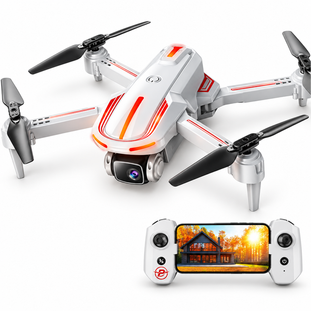 White FPV foldable RC quadcopter drone with its matching controller and phone mount