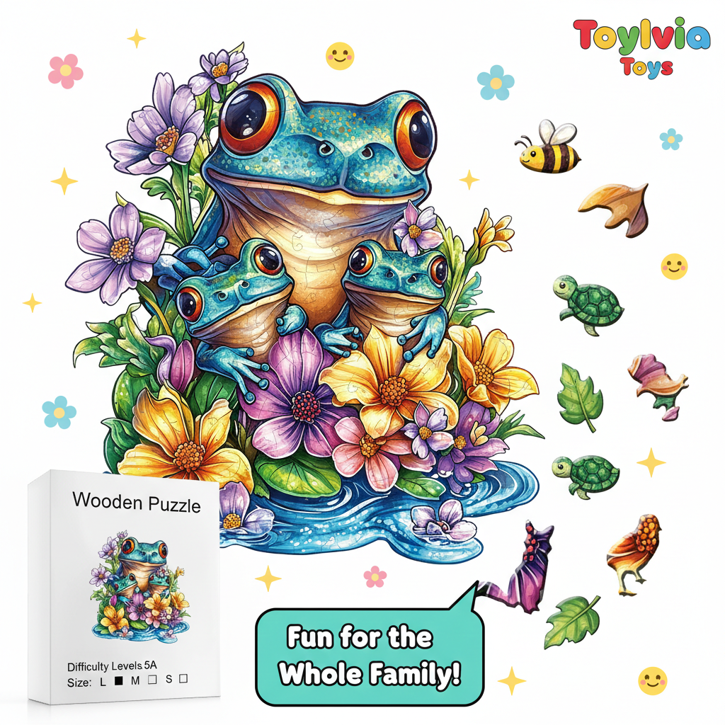 Colorful wooden puzzle with frogs, flowers, and animals, featuring Toyliana Toys branding.