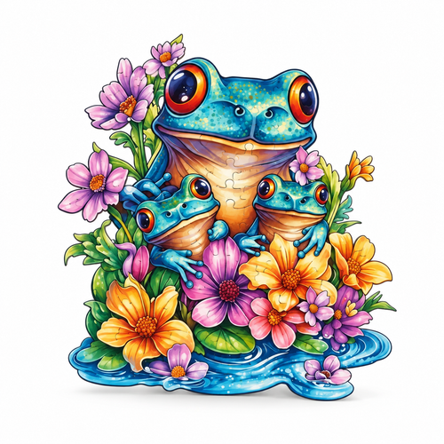 Frog and flowers wooden jigsaw puzzle centered on white