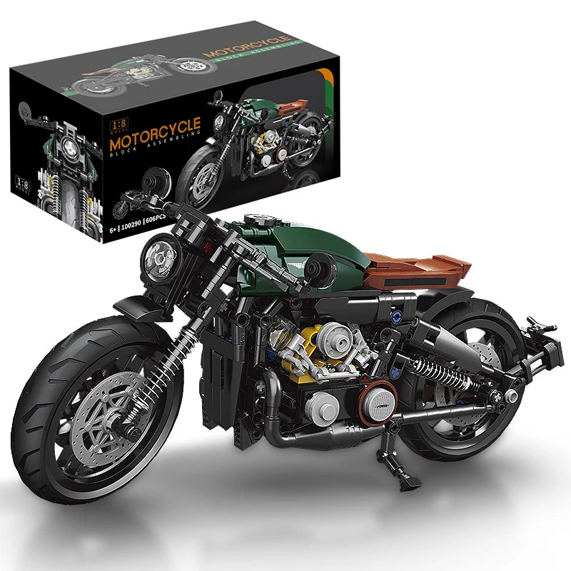 Model motorcycle and packaging box on a white background