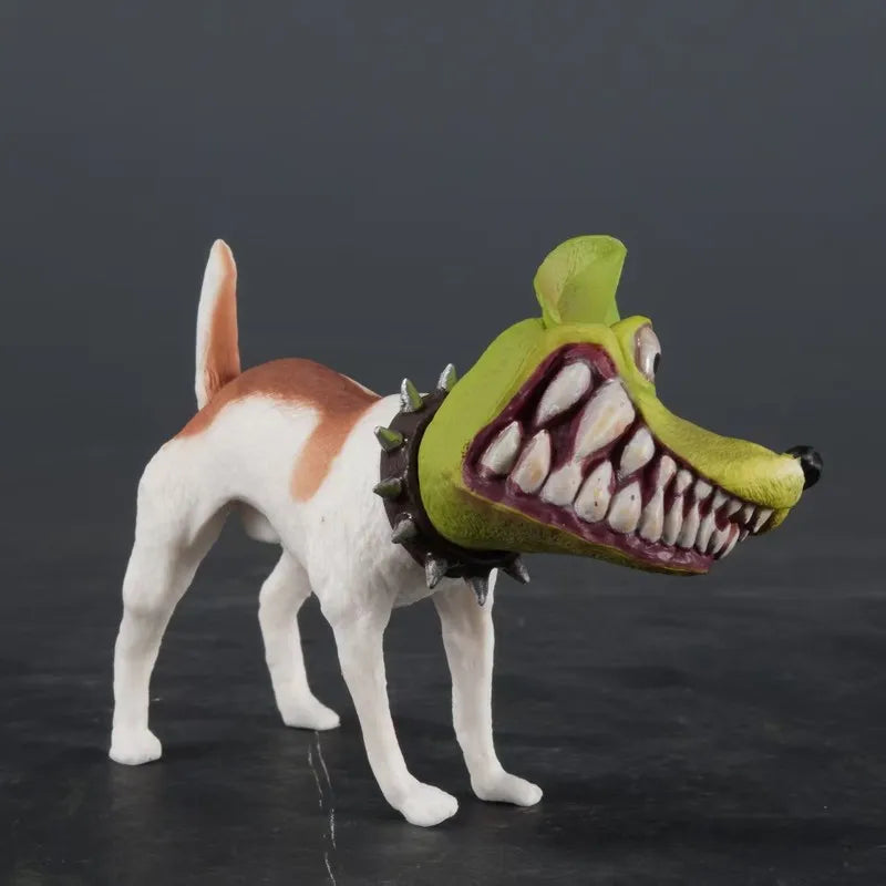 Close-up of a playful dog figurine featuring a green cartoon mask and expressive eyes