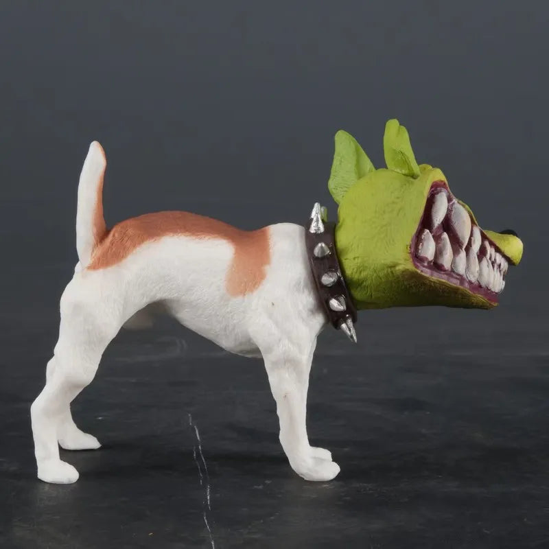 Side view of a playful dog figurine wearing a green cartoon mask and a spiked collar