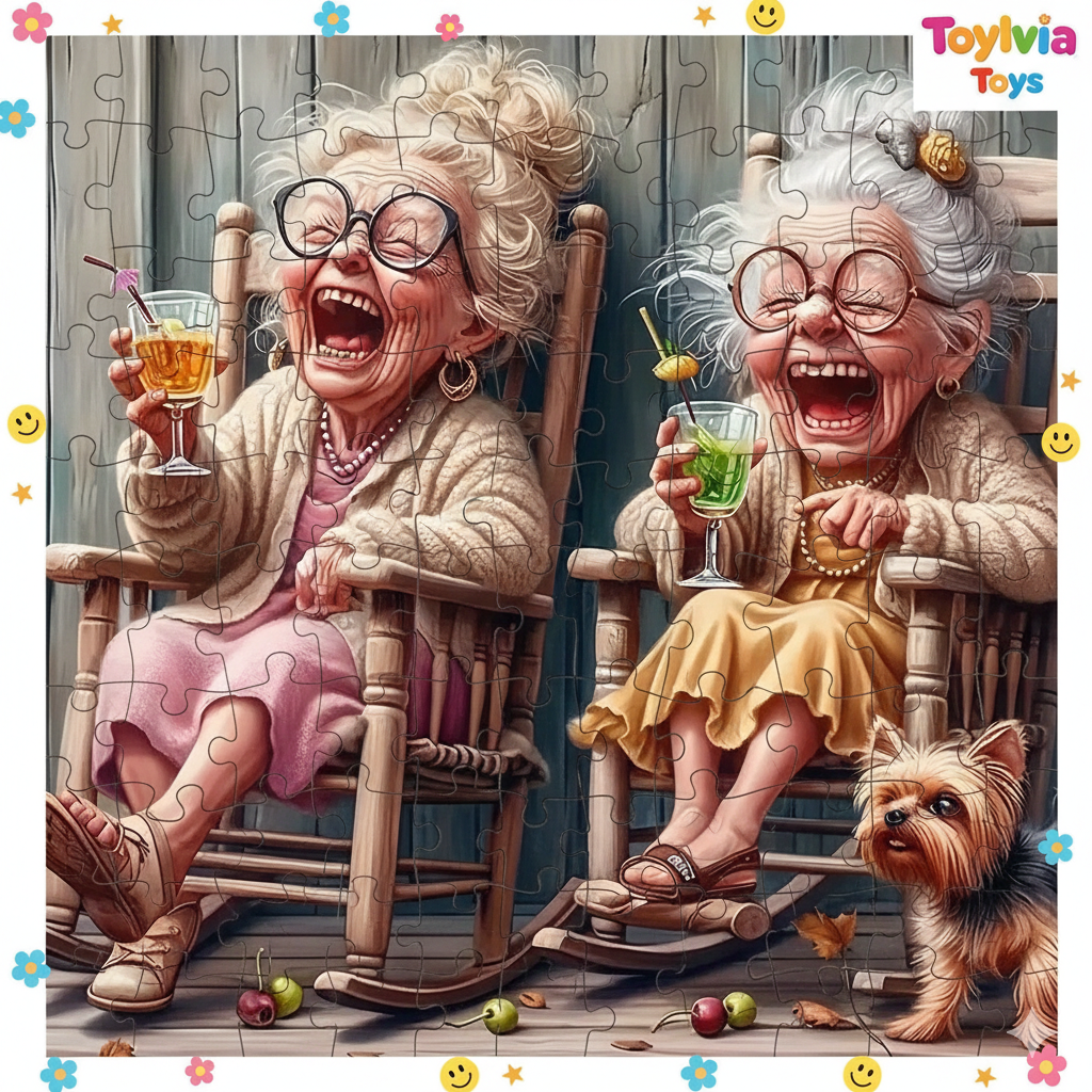 Two elderly women sitting in chairs with a dog, holding drinks, on a wooden floor with a ToyLivia Toys branded puzzle border.