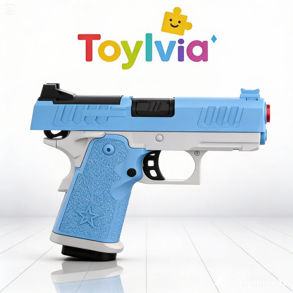 Left profile view of the G17 soft bullet toy gun featuring a blue slide and silver manual trigger.