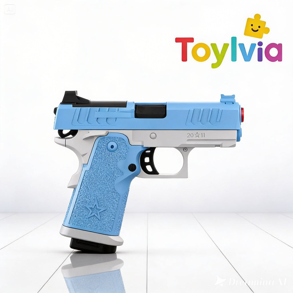 Side profile of a Toylvia G17/2011 soft bullet toy gun in light blue and silver.