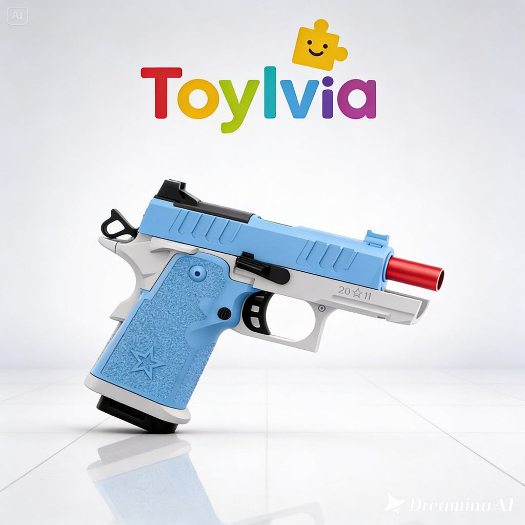 Angled top-down perspective of the light blue G17 soft bullet gun on a white background.