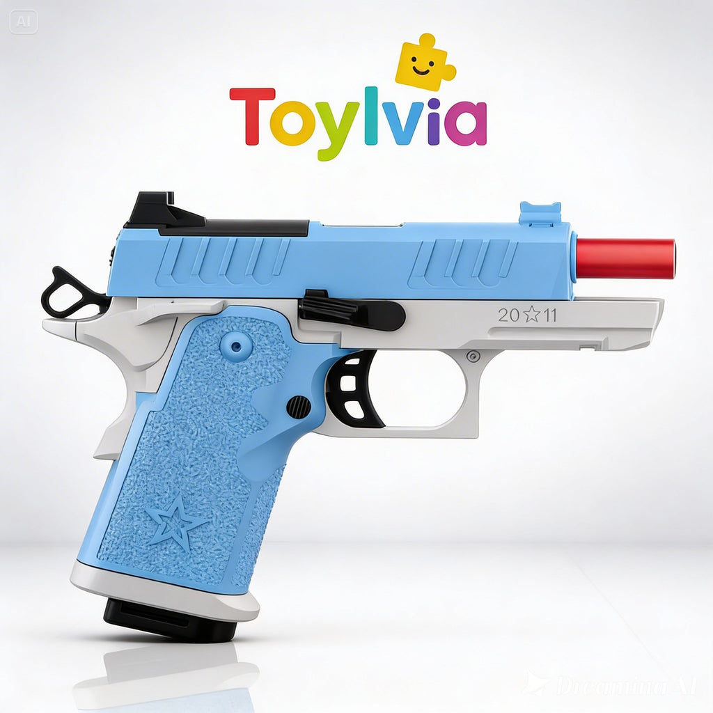 Detailed view of the G17/2011 soft bullet gun with the slide locked back for manual loading.