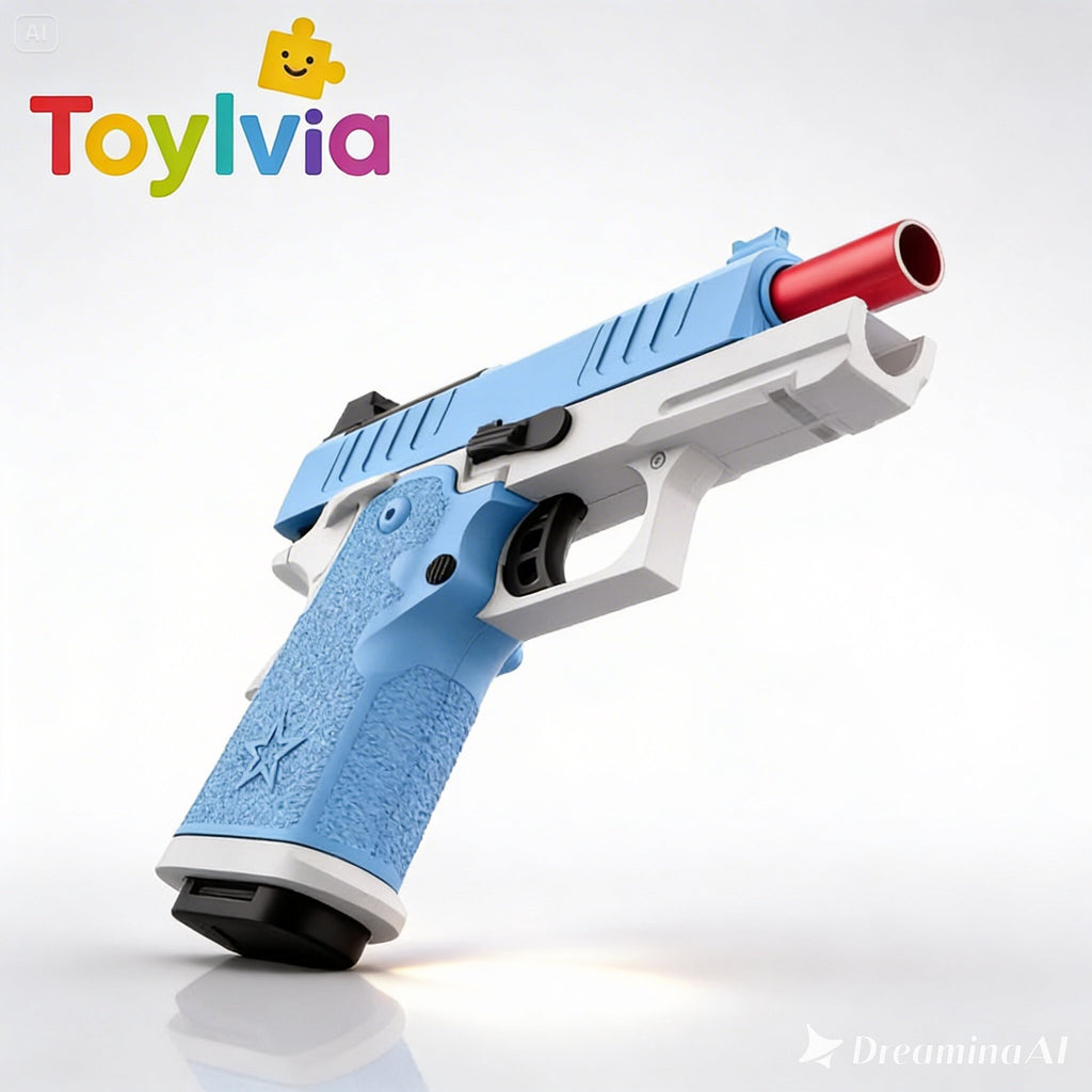 Low-angle view looking up at the red barrel of the blue G17/2011 soft bullet blaster.