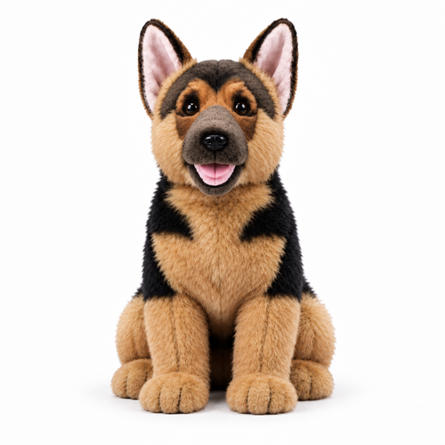 Front view of the seated German Shepherd plush, showing its black-and-tan markings, upright ears, and embroidered features on white.
