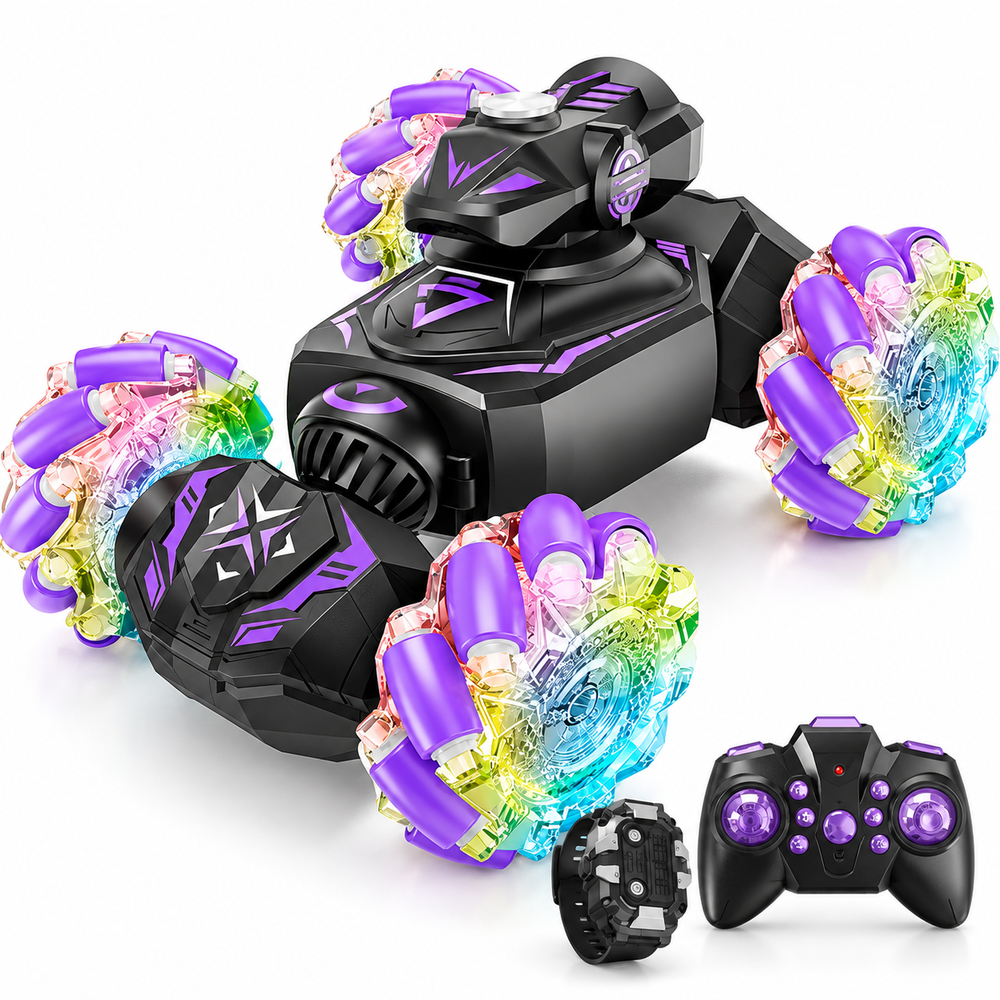 Gesture-sensing purple 4WD RC stunt car facing left with matching handheld remote and gesture watch.