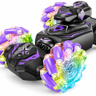 Macro detail of the purple translucent Mecanum wheel and chassis.
