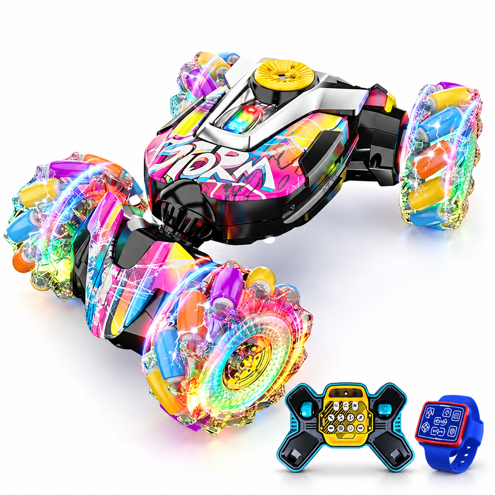 gesture-sensing-4wd-rc-stunt-car-light-music-twist-toy: left-facing three-quarter studio hero with matching controller.