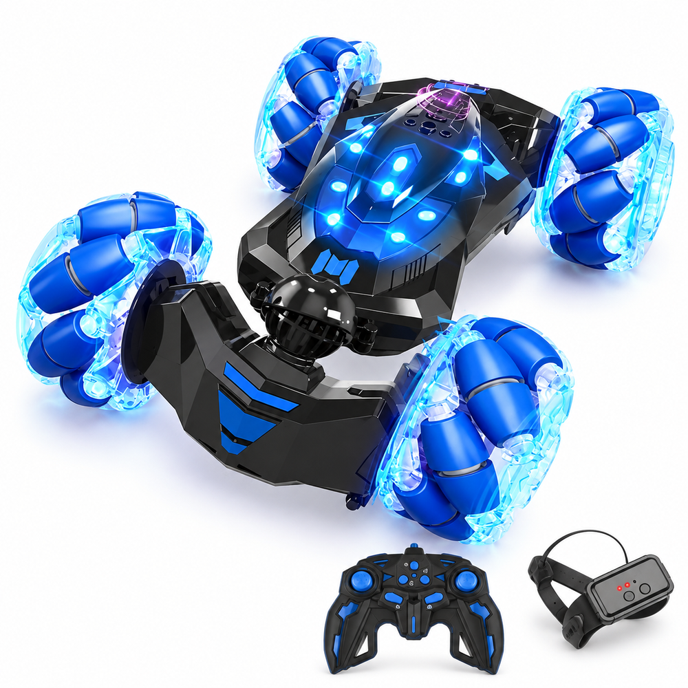 gesture-sensing-rc-stunt-car-hand-controlled-toy-kids: left-facing three-quarter studio hero with matching controller.